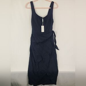 NWT Petal + Pup Misty Wrap Midi Dress Linen Blend Navy Blue Boho Size L MSRP $90